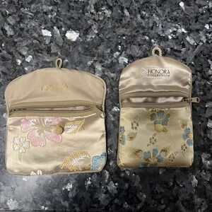 2 Honora Collection Jewelry Bags Cream & Beige Floral Satin Zip Pouch Only
